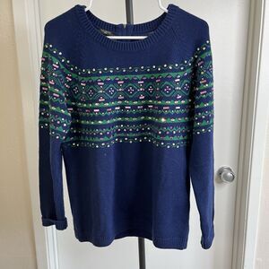 TALBOTS Blue Green Jeweled Crystal Embellished Sweater L Petite Lambswool Blend